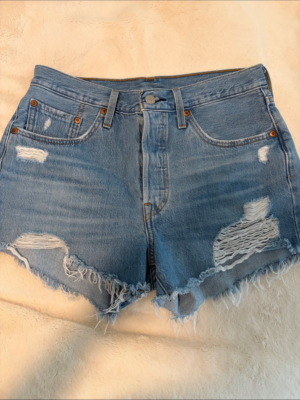 Levi's 501 Light Blue Distressed Denim Cutoff Shorts